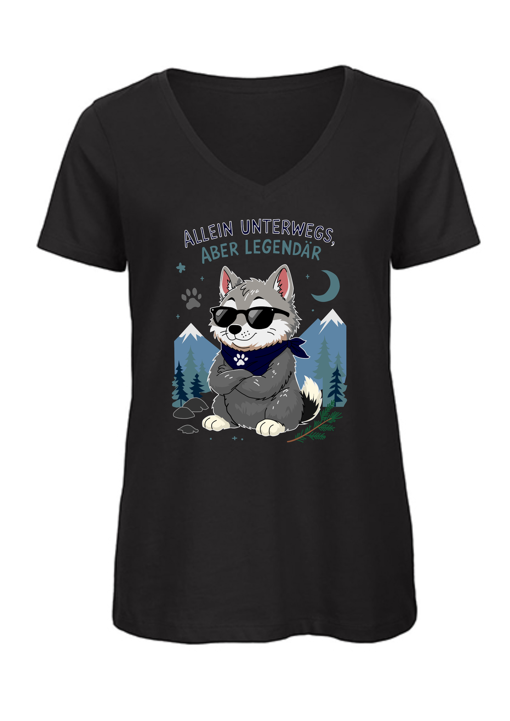 Allein unterwegs, aber legendär - Wolf | Damen T-Shirt V-Ausschnitt